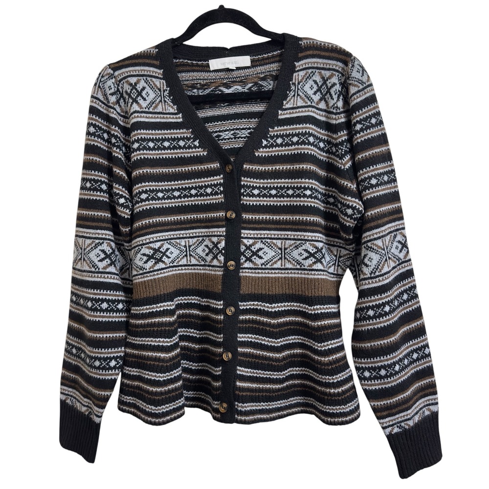 Verve Ami Womens Fair Isle Peplum Cardigan Sweater Black Brown XL V-Neck Knit - Picture 2 of 9